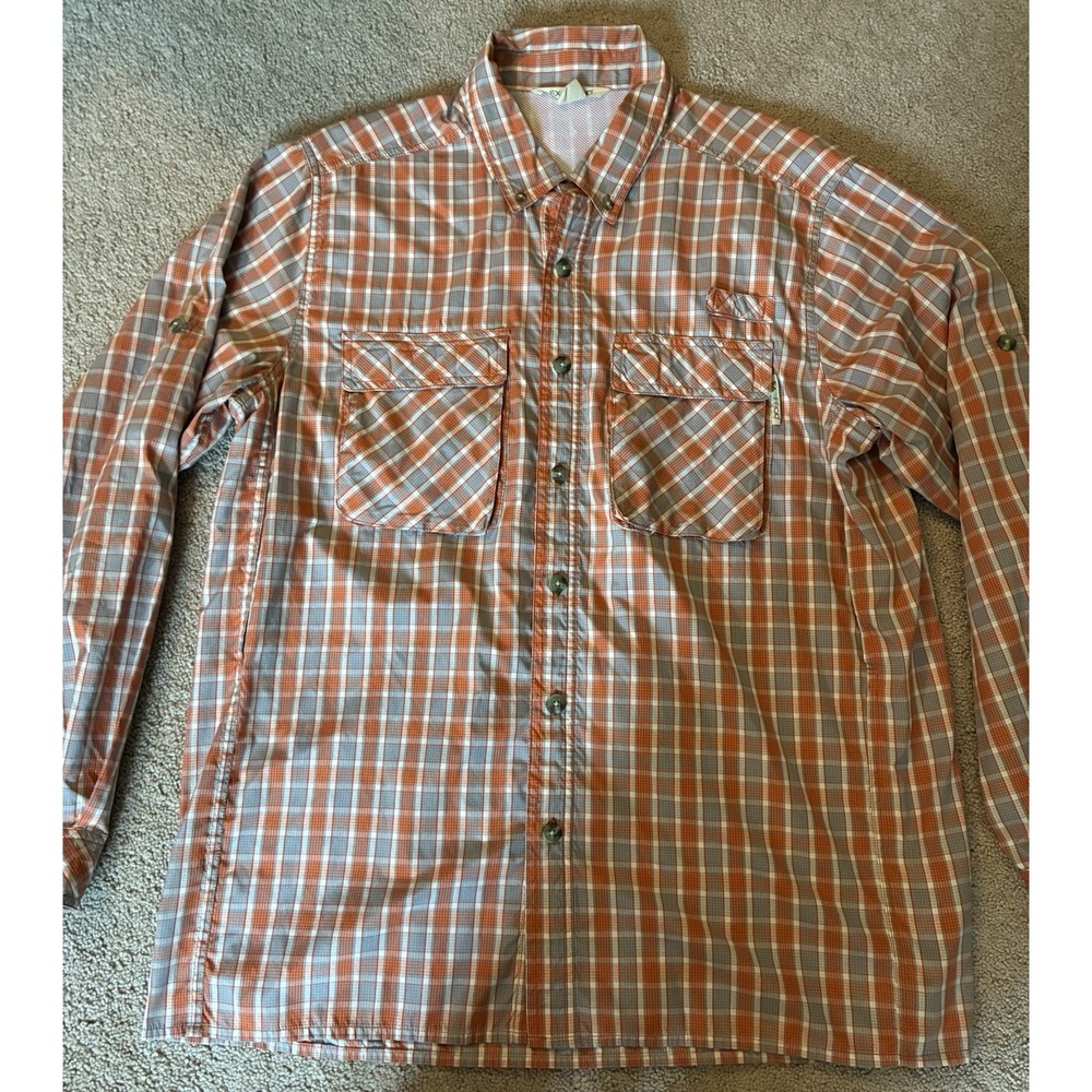 ExOfficio Men's Plaid Long Sleeve Button-Up Shirt Pockets Orange Blue White L